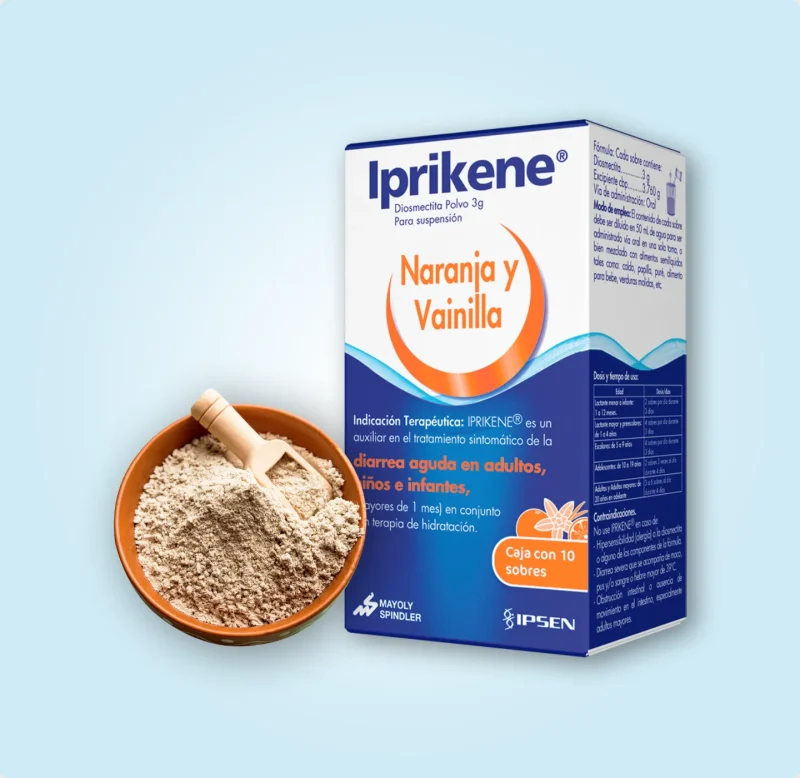 Caja de Iprikene® sabor naranja y vainilla junto a polvo de arcilla natural