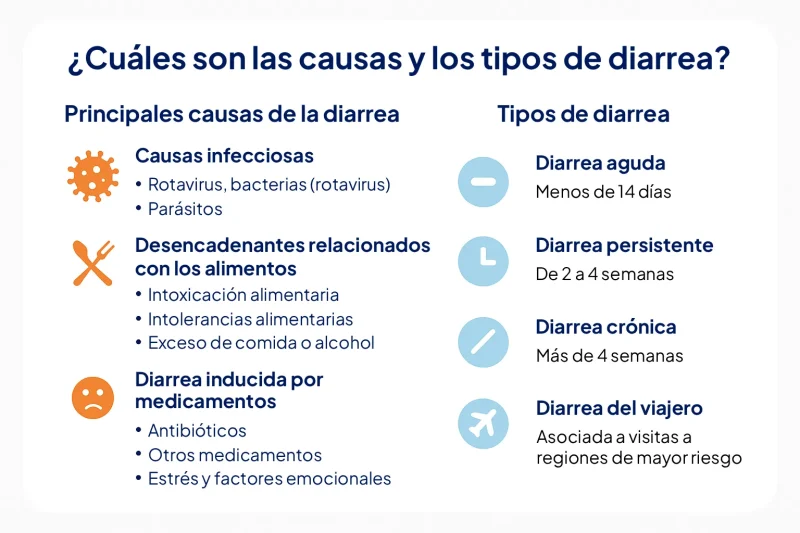 Infografía con las principales causas y tipos de diarrea