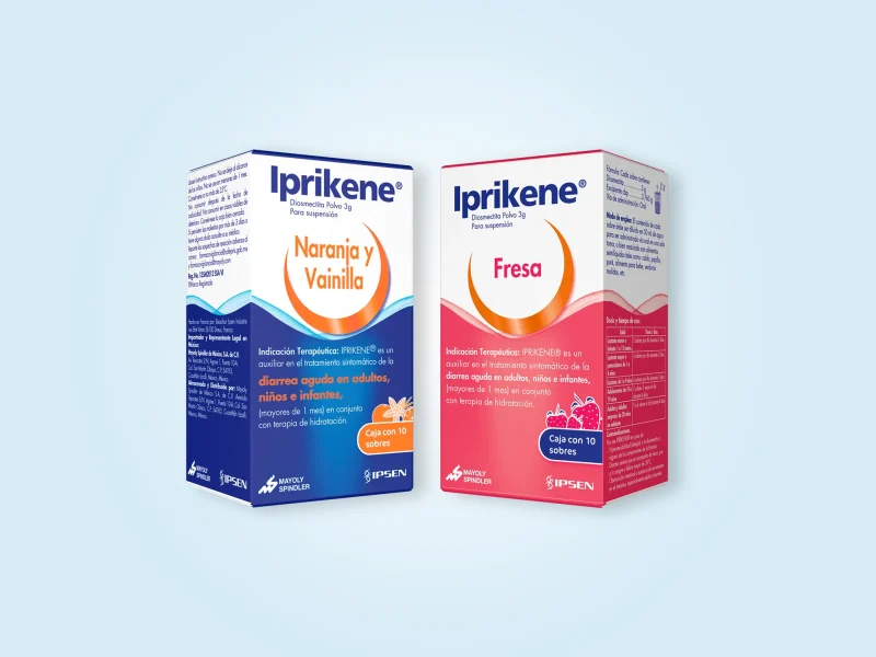 Caja de Iprikene® en polvo disponible en sabores fresa, naranja y vainilla