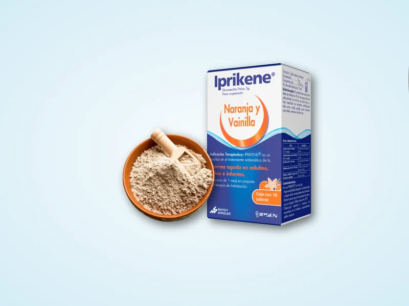 Caja de Iprikene® sabor naranja y vainilla junto a polvo de arcilla natural